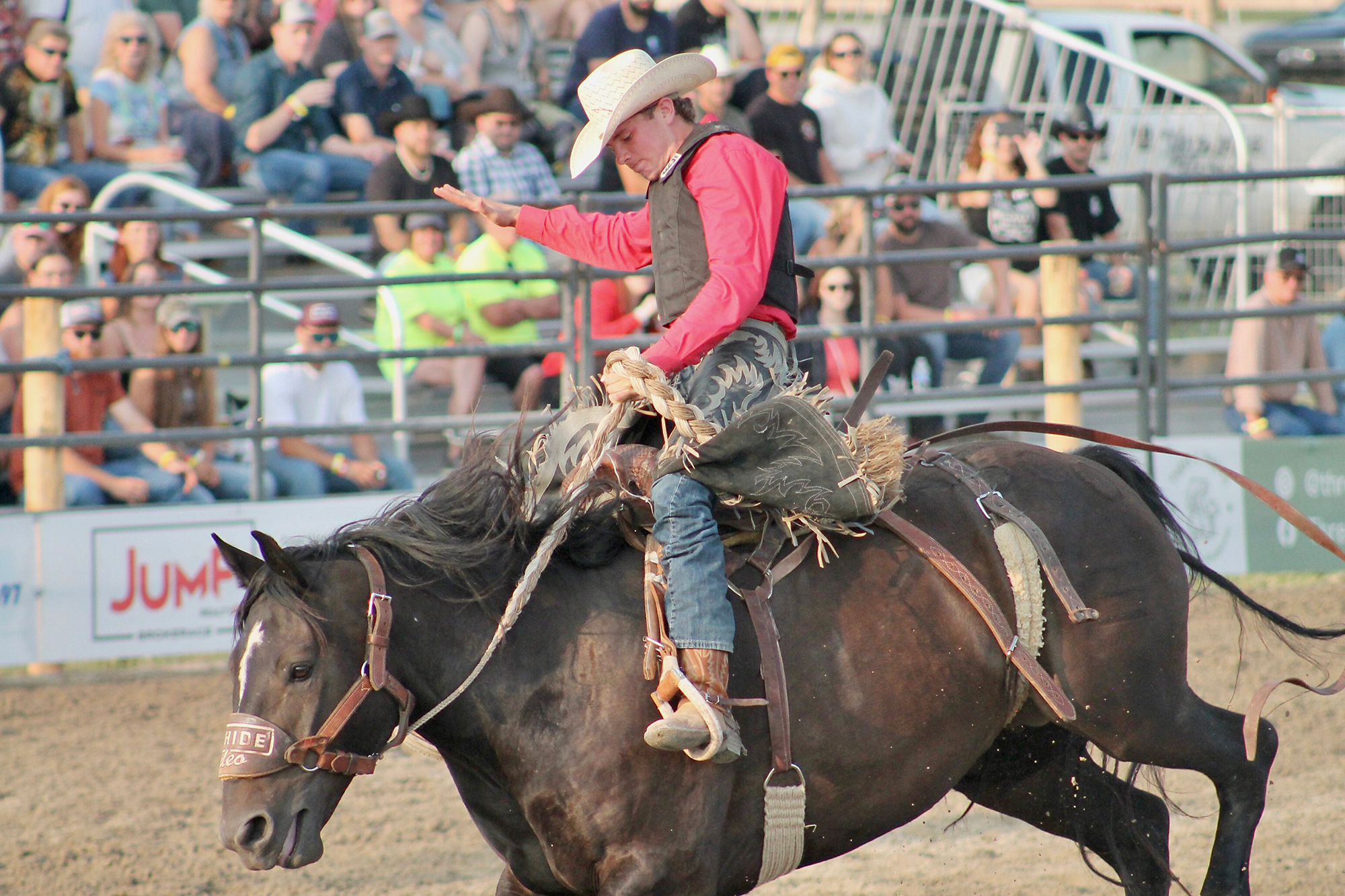 Cowboy attempts to hold on to his horse while participating in the bronc riding event.