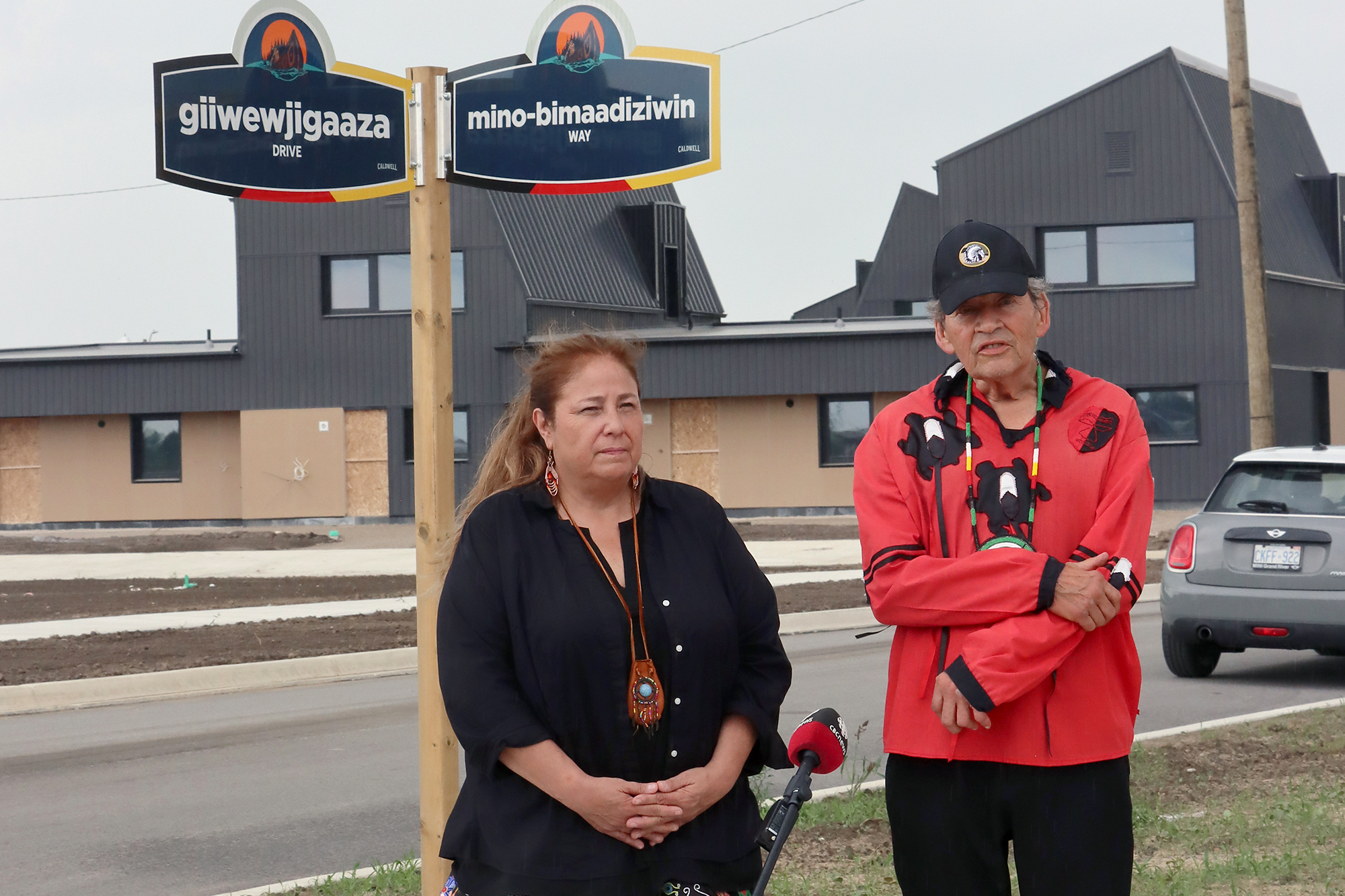 Chief Mary and Councillor Larry speak to the media on the Caldwell reserve.