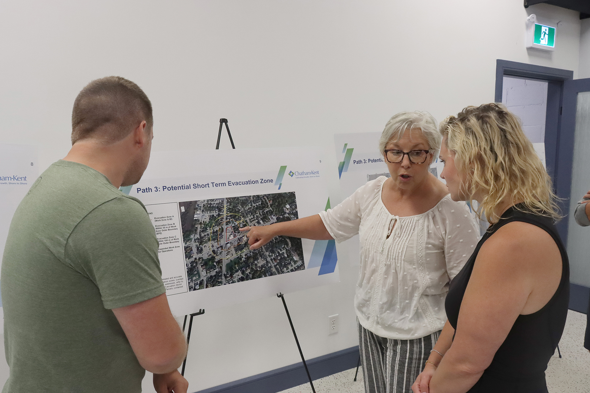 Engineer and oil and gas expert Theresa Watson, middle, explains some of the future work to Wheatley Task Force member Chad Wiper, left, and Wheatley Economic Development Officer Kyra Knapp at last Thursday’s Public Consultation.