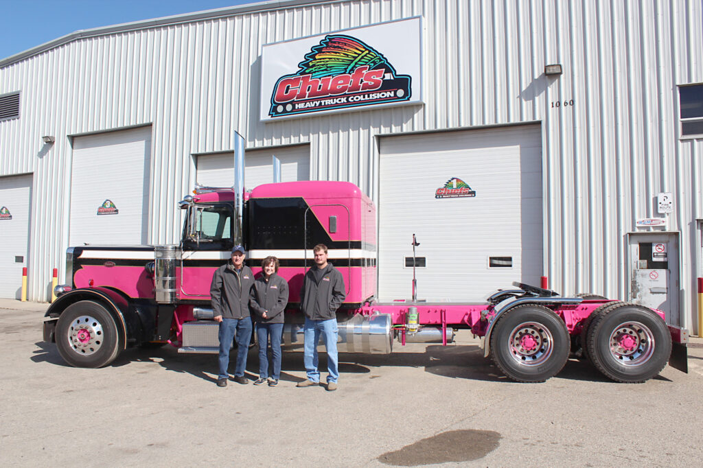 Pictured with the truck are Brooks Cook, Kim Cook and Ryan Cook in front of the restoration place.