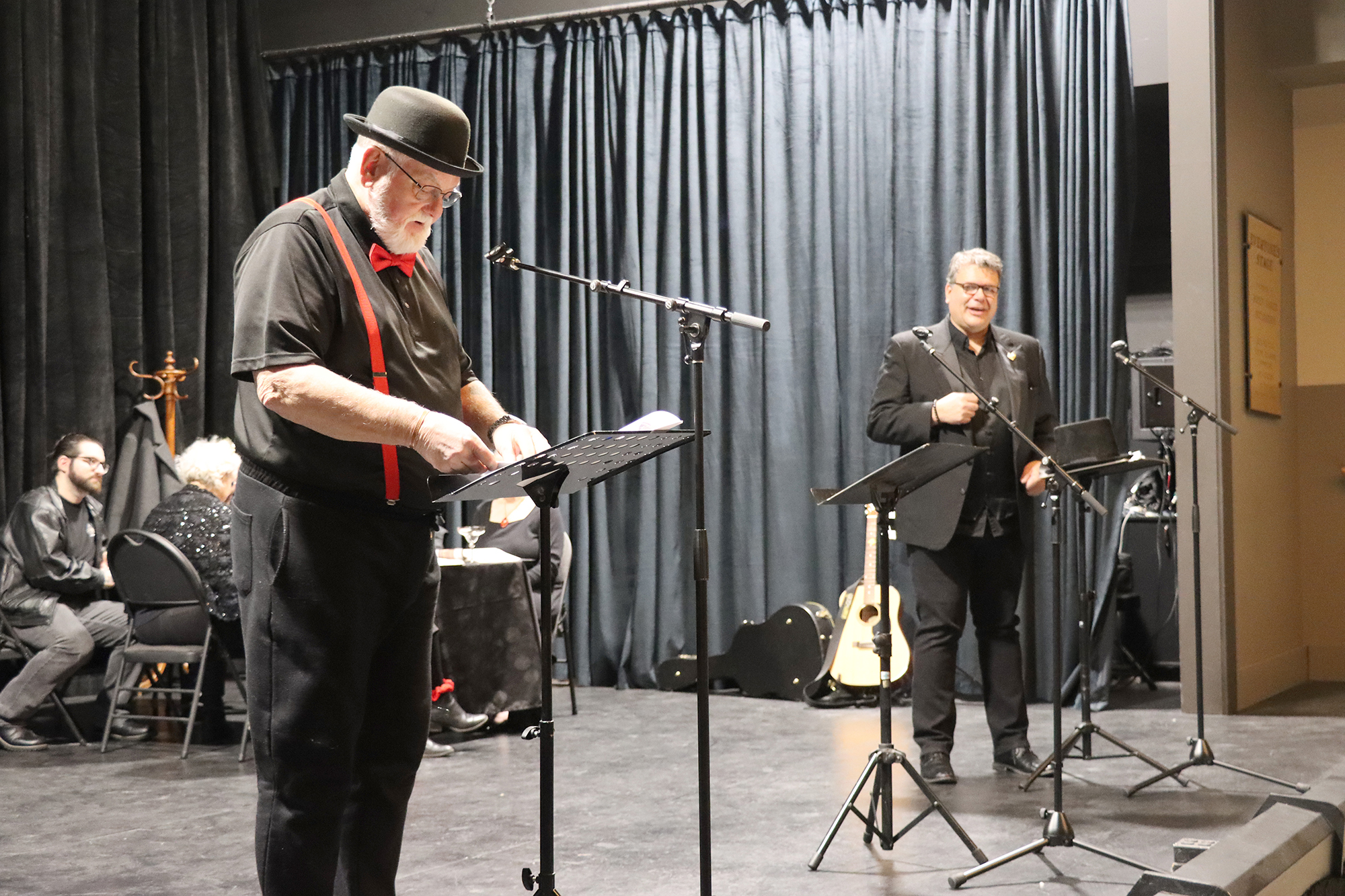 Mike Ross, as Roquefort, rehearses a scene with Corey Robertson, who plays Prince Emmental in The Bank Theatre’s production of Cheesy Valentine.