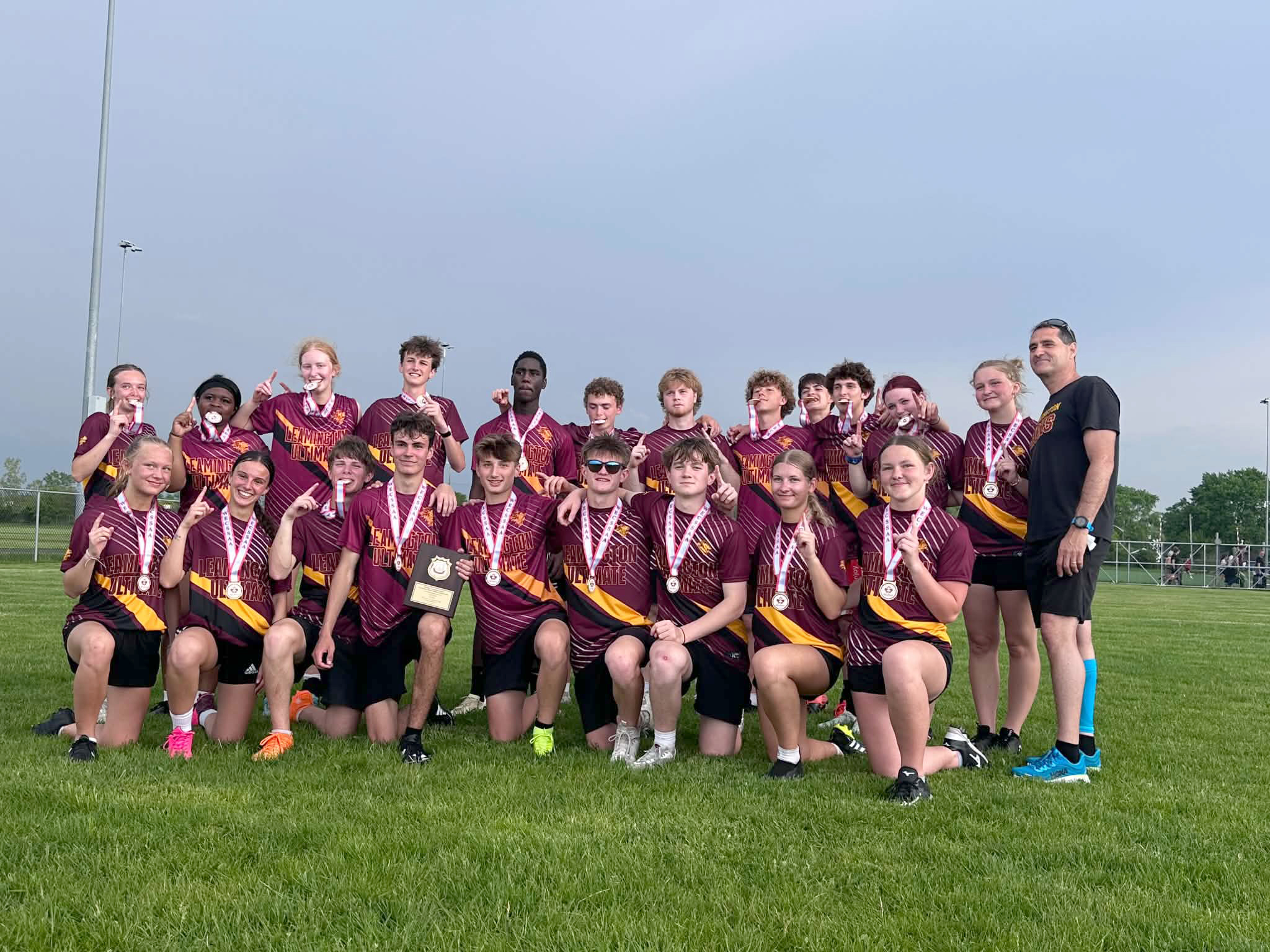 The WECSSAA champion Leamington Lions Ultimate Frisbee team, back row, left to right: Morgan Fetter, Brianna Williams, Emery Stapleton, Andrew Demant, Roshane Richards, Charlie Ketler, Reid Charles, Ryan Sawatzky, Nick Lasi, Nate Fischer, Selena Sova, Isabel Friesen, Mr. T. Nurse (LDSS coach). Kneeling, left to right: Avery Schmitt, Jimena Teruel González, Ethan Barnewall, Drake Wigle, Mathew Mastromatteo, Eli Driedger, Kallen Driedger, Marissa Wiebe, Abby Friesen. Photo courtesy of Ken Lasi