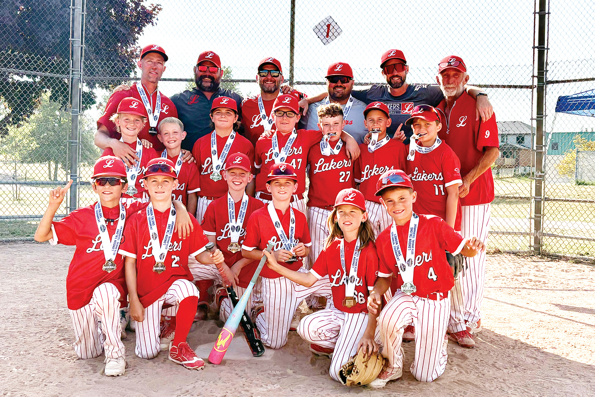 The Leamington Lakers 10U team poses after winning the London Talons Baseball Tournament.