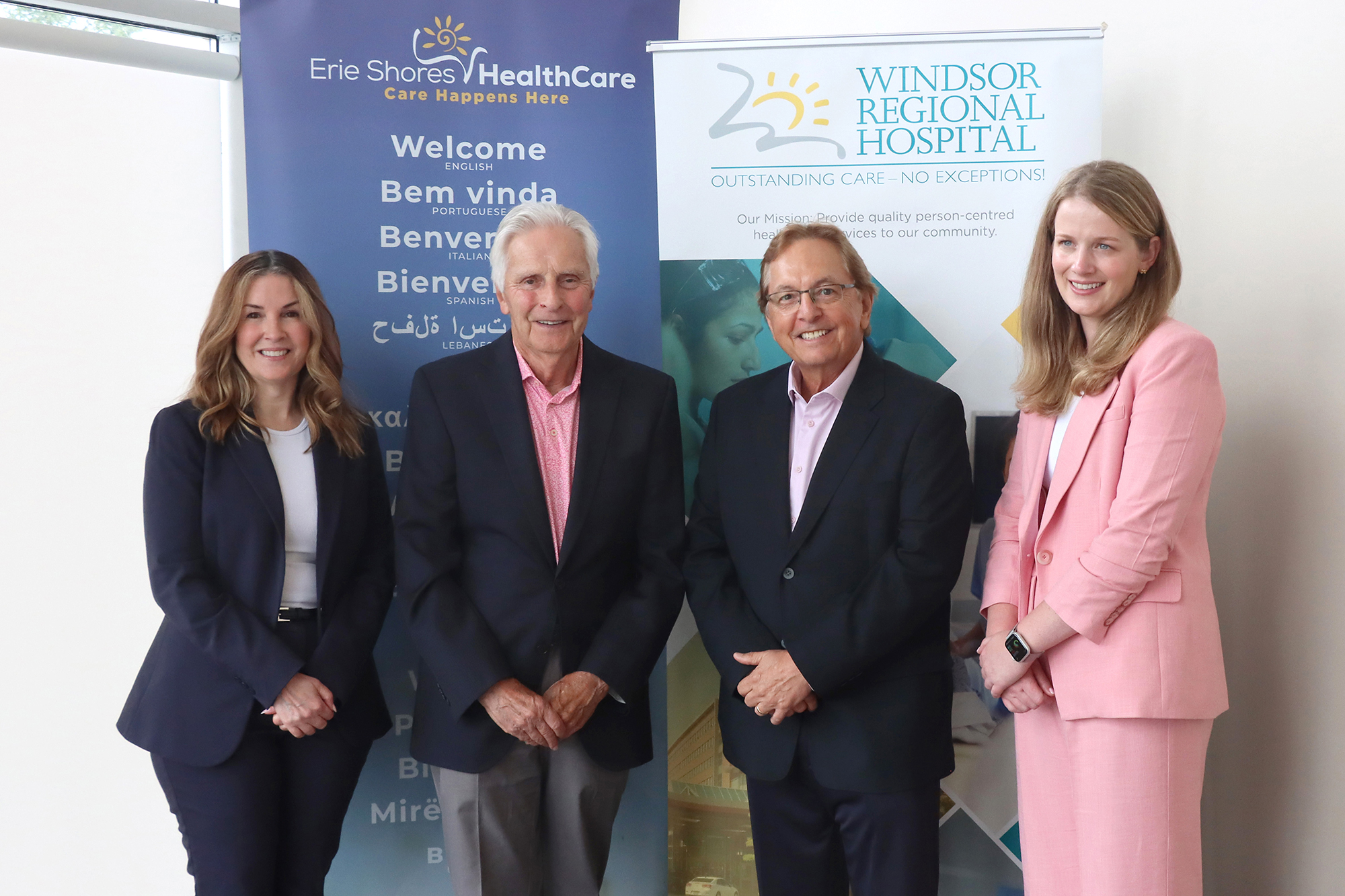 Kristin Kennedy, Ian McLeod, Tom Marinelli and Katelyn Dryden announce a new shared leadership partnership between Erie Shores HealthCare and Windsor Regional Hospital.