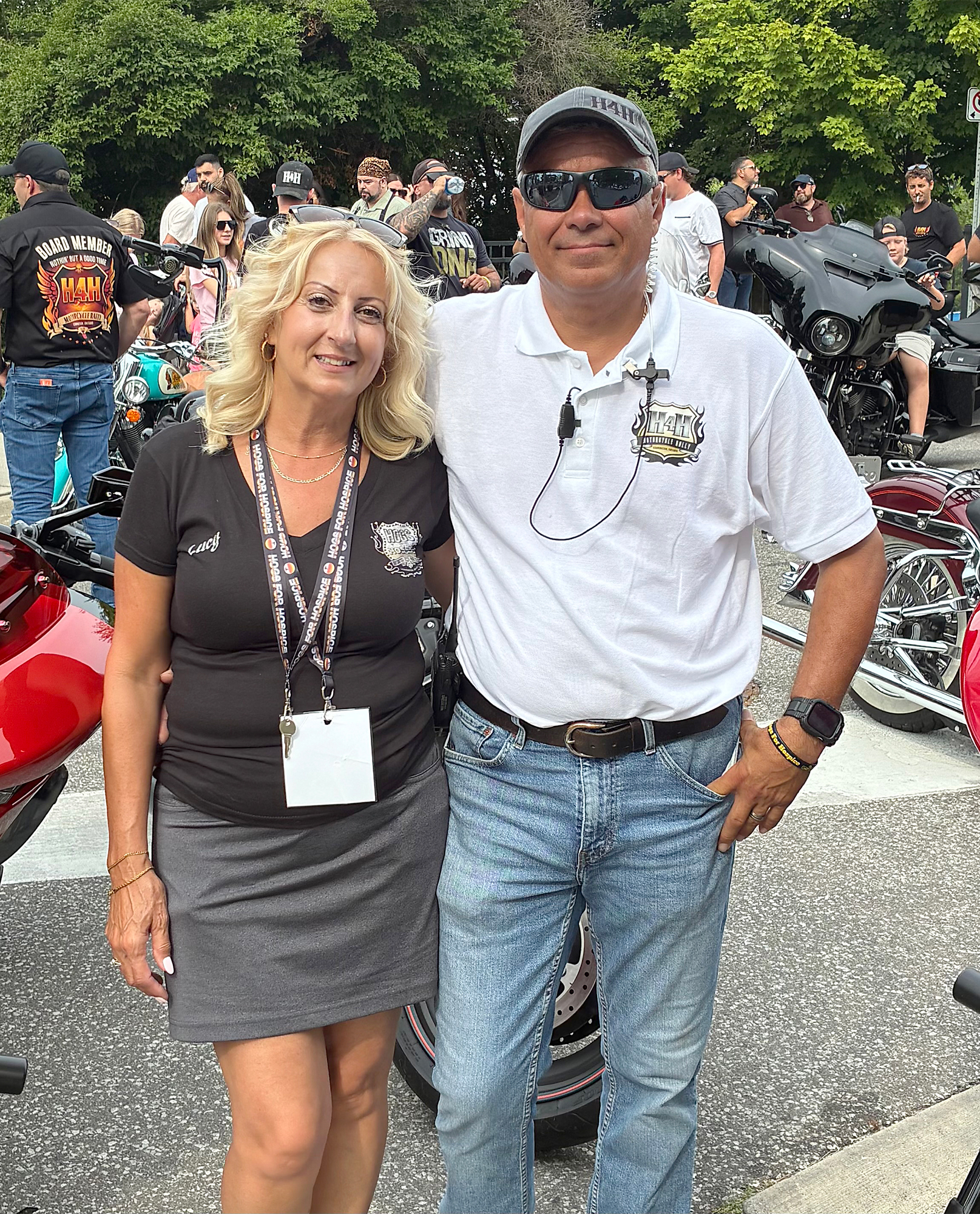 Longtime Hogs for Hospice volunteers Lucy and Jimmy Martinho pose together during the 2026 rally in Leamington.