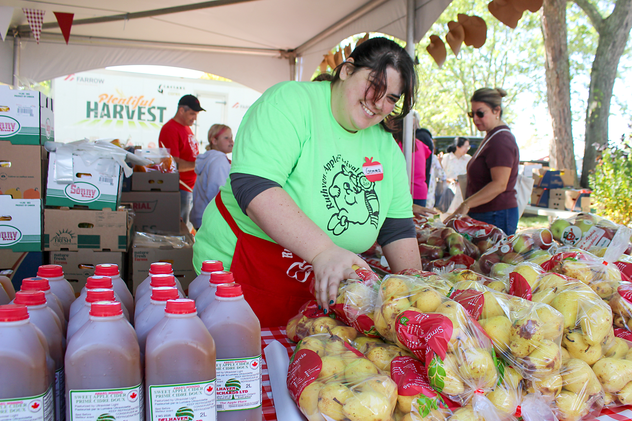Gemma Bianchi, a 15-year volunteer with the Apple Festival, adds more Bartlett Pears to the display of produce all donated by local farmers.