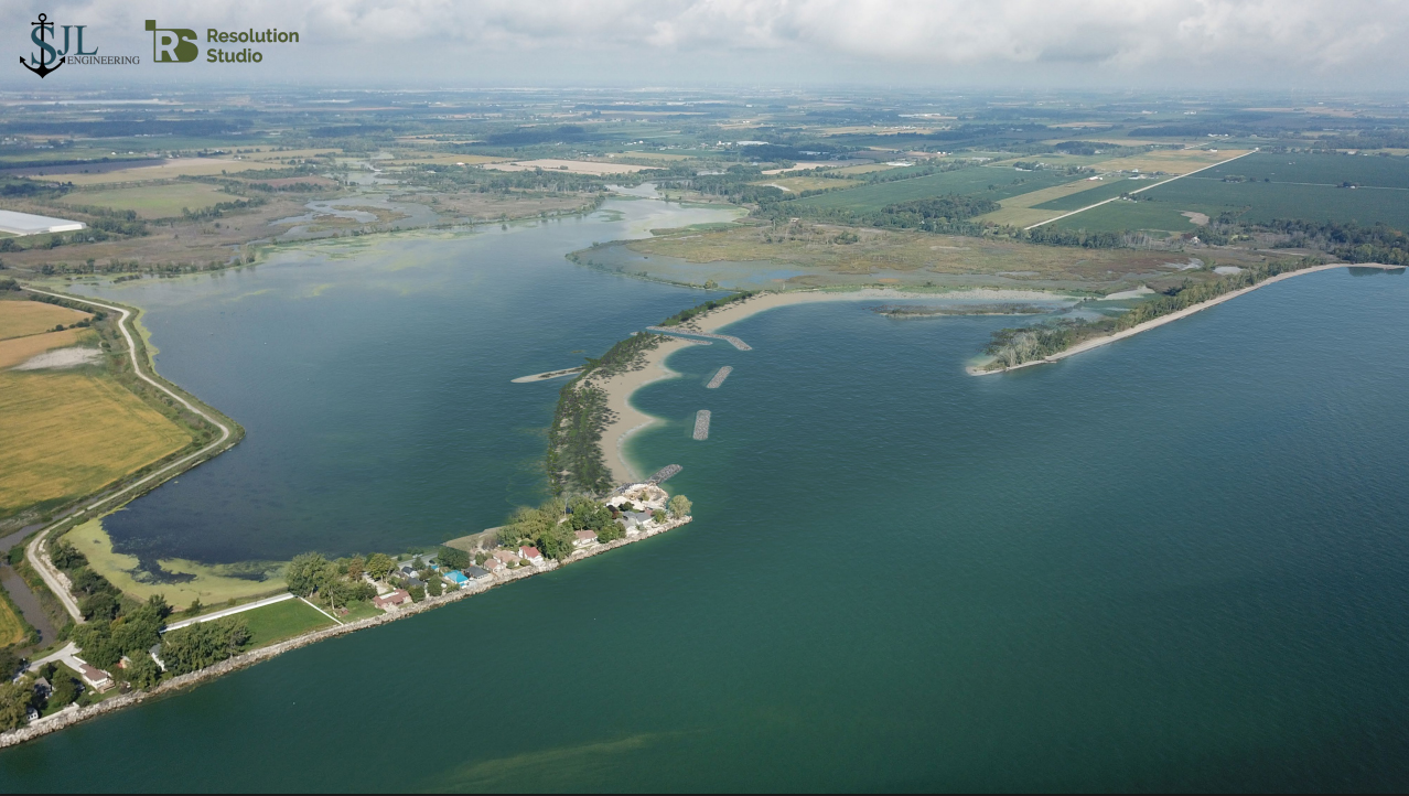 A realistic rendering of the completed project shows a new circular beach acting as the barrier between Hillman Marsh and Lake Erie. The southernmost part of that beach construction is underway. Photo courtesy of ERCA