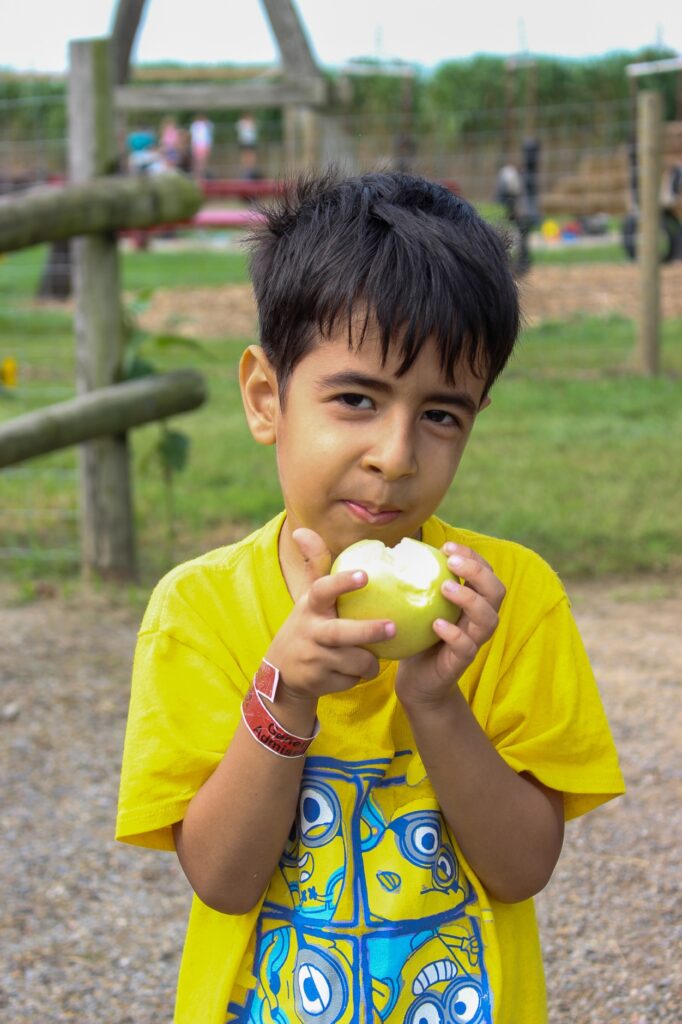 Arshan Ghanbri, 5, enjoys one of the eight varieties of apples grown at Thiessen Orchards.